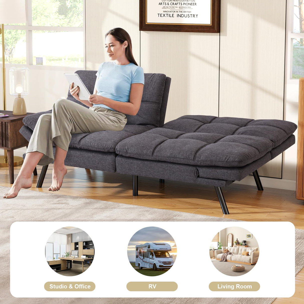 MUUEGM Futon Sofa Bed Memory Foam Small Loveseat Sleeper Sofa Dark Grey with Adjustable Backrest Removable Armrests for Small Space Office Couch,Living Room,Apartment MUUEGM