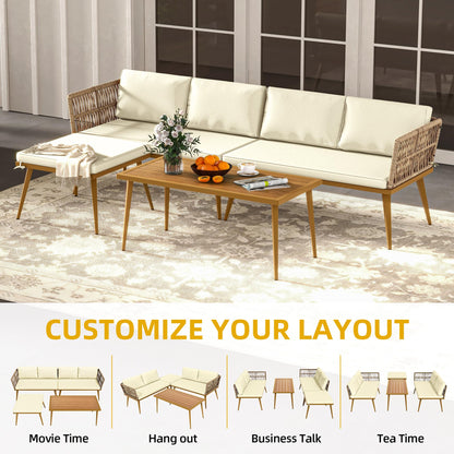 DWVO 4 Pieces Patio Furniture Set, Sectional L-Shaped Sofa for Patio Backyard Poolside Porch, All-Weather Rattan Woven Conversation Set Detachable Lounger with Side Table & Cushions (Beige) - WoodArtSupply