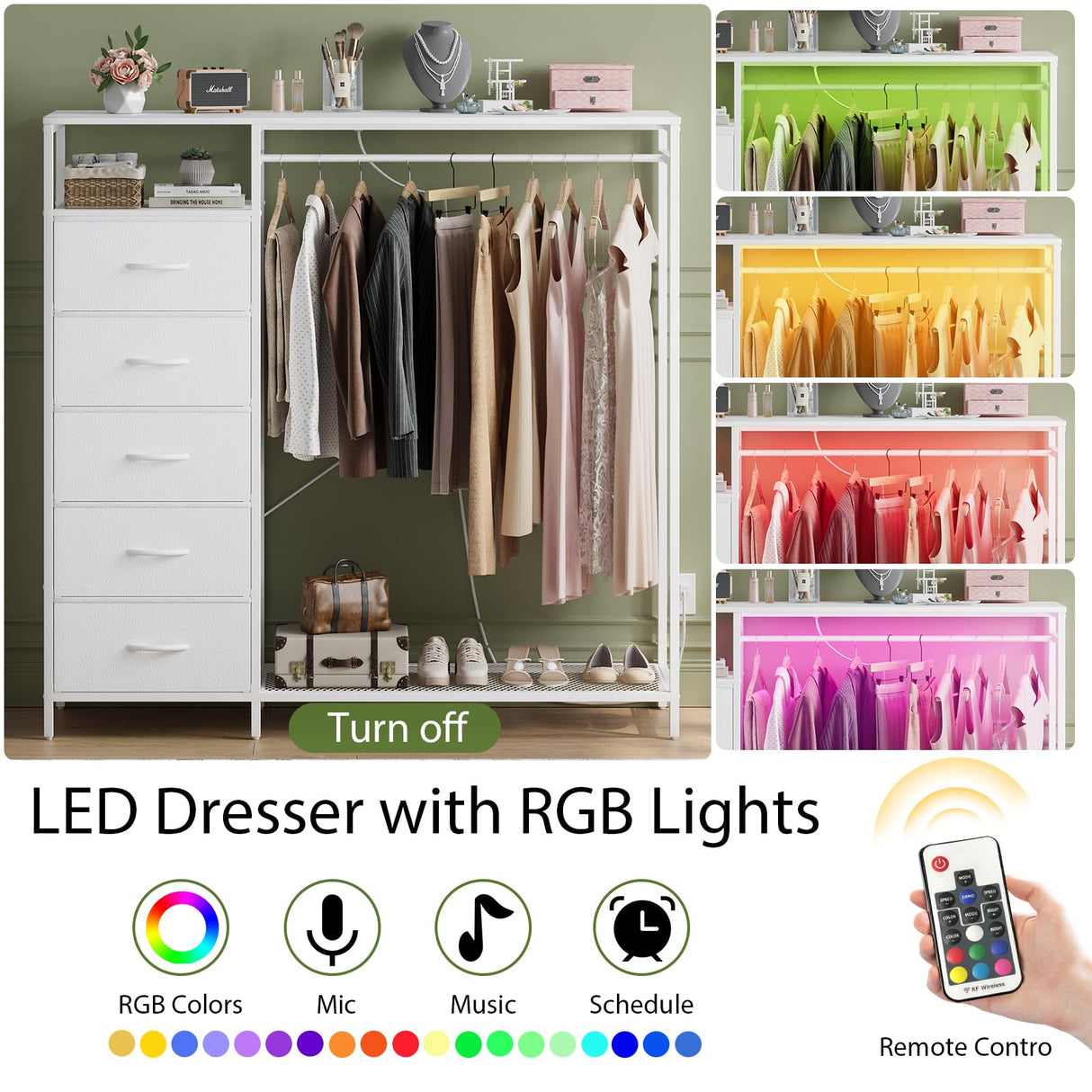 47 Inch White Dresser with LED Lights & Hanging Rack, 5 Drawer Fabric Dresser with Charging Station and Shelves, Tall Closet Organizer for Bedroom Clothes Storage Harpaq