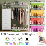 47 Inch White Dresser with LED Lights & Hanging Rack, 5 Drawer Fabric Dresser with Charging Station and Shelves, Tall Closet Organizer for Bedroom Clothes Storage Harpaq