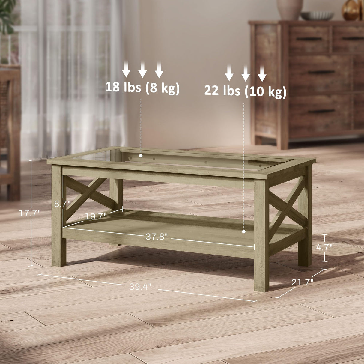 HOMCOM Glass Coffee Table, Modern Farmhouse Center Table with Storage, Side Table for Living Room with Classic X-Bar Style Sides, Gray HOMCOM
