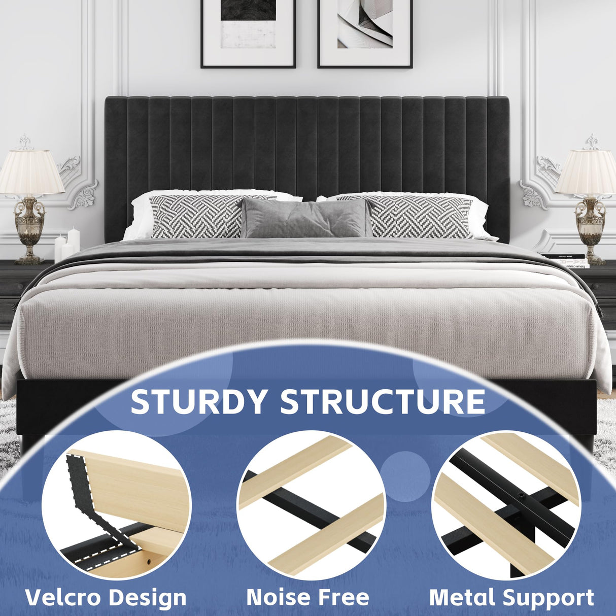 Fluest Queen Bed Frame with Adjustable Headboard, Upholstered Velvet Bed Frame, Platform Bed Frame, Under-Bed Storage, No Box Spring Needed, Easy Assembly, Black Fluest