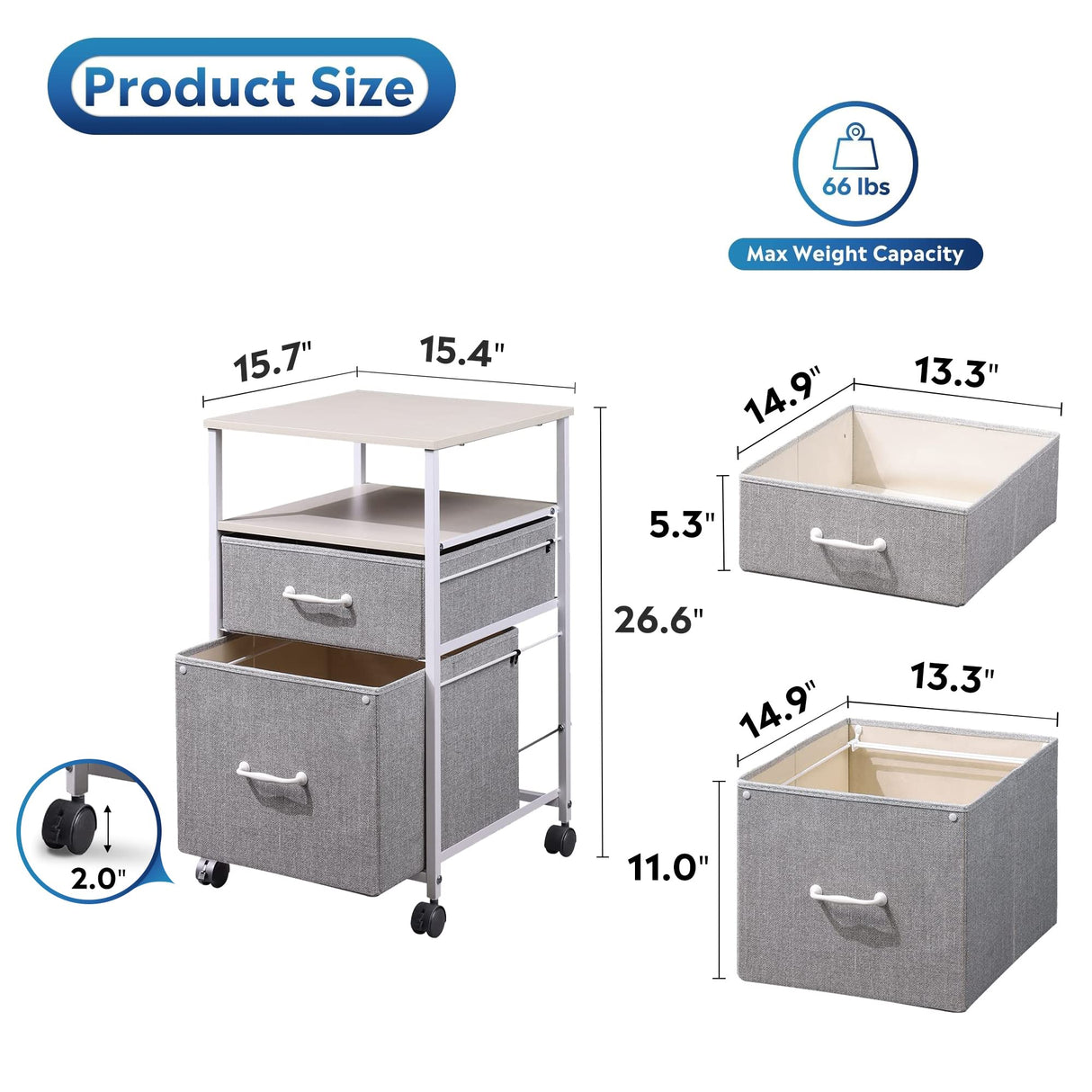 DEVAISE 2 Drawer Mobile File Cabinet, Rolling Printer Stand with Open Storage Shelf, Fabric Vertical Filing Cabinet fits A4 or Letter Size for Home Office, Light Grey DEVAISE