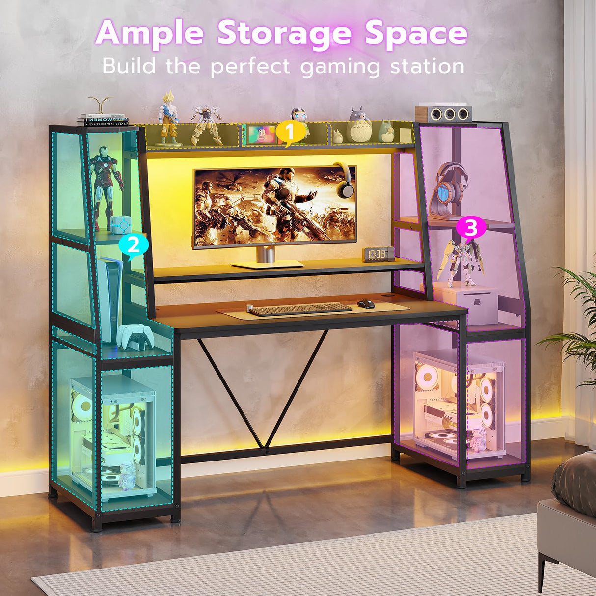 SEDETA Gaming Desk 65.7'' with LED Lights, Hutch and Storage Shelves, Computer Desk with Monitor Stand, Large PC Gamer Desk Workstation, Ergonomic Gaming Table for Bedroom, Living Room, Black SEDETA