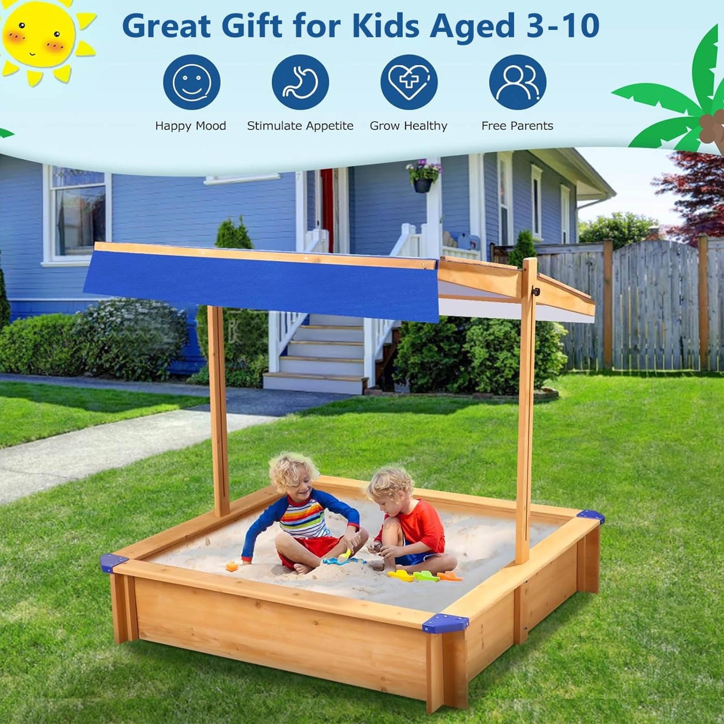 Kids Sandbox with Lid and Cover, Large Wooden Sandbox with Adjustable Canopy, Children Outdoor Playset, Sand Pit for Backyard Play, Beach