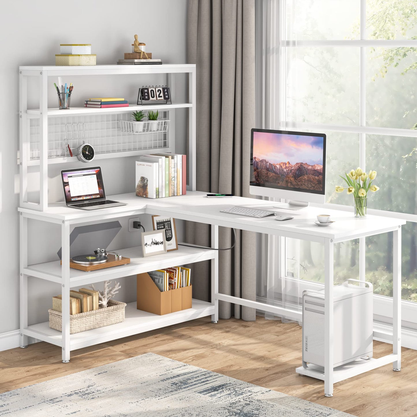 Tribesigns 55" All White L-Shaped Computer Desk with Wireless Charging and 5 Storage Shelves - WoodArtSupply