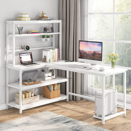 Tribesigns 55" All White L-Shaped Computer Desk with Wireless Charging and 5 Storage Shelves Tribesigns