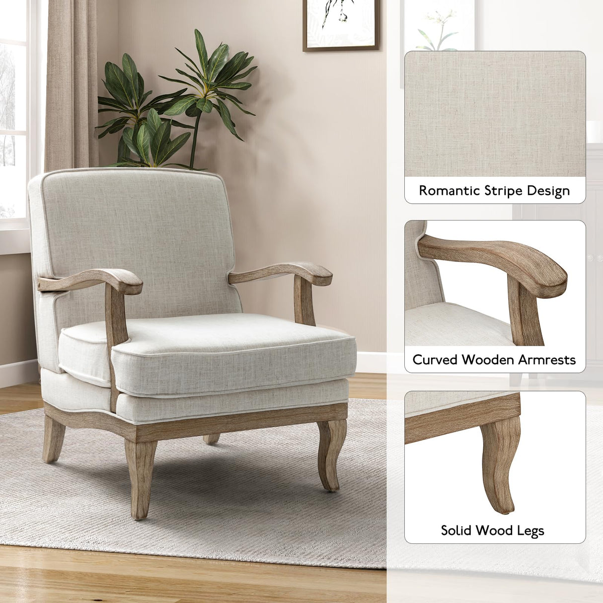 HULALA HOME Mid-Century Modern Accent Chair, Upholstered Living Room Lounge Chair, Lounge Armchair with Romantic Stripes & Solid Wood Legs, Living Room Bedroom Single Sofa Chair (Ivory) HULALA HOME