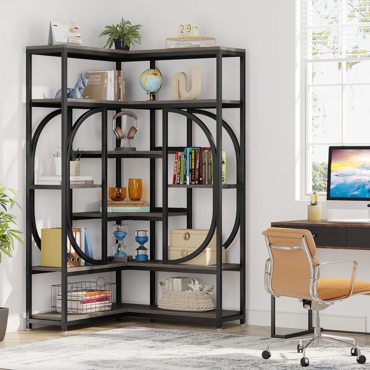 Tribesigns L-Shaped 7-Shelf Corner Bookshelf – Modern Grey Bookcase with Metal Frame for Home and Office Tribesigns