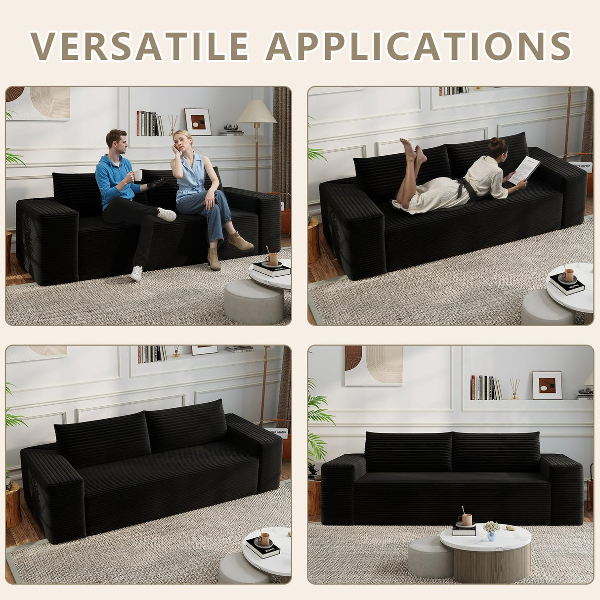 HZANHY 63" Loveseat Sofa, Boneless Loveseats for Living Room, No Assembly Required Corduroy Love Seat for Small Spaces, Bedroom, Apartment, Office, Black HZANHY