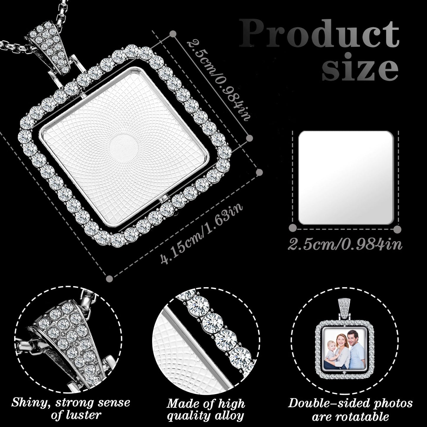 Junkin 24 Pcs Diamond Square Sublimation Rhinestone Trays Pendant Set Including 6 Double Sided Blank Rhinestone Bezel Trays 6 Pcs Thick Chains with 12 Sublimation Discs for Making