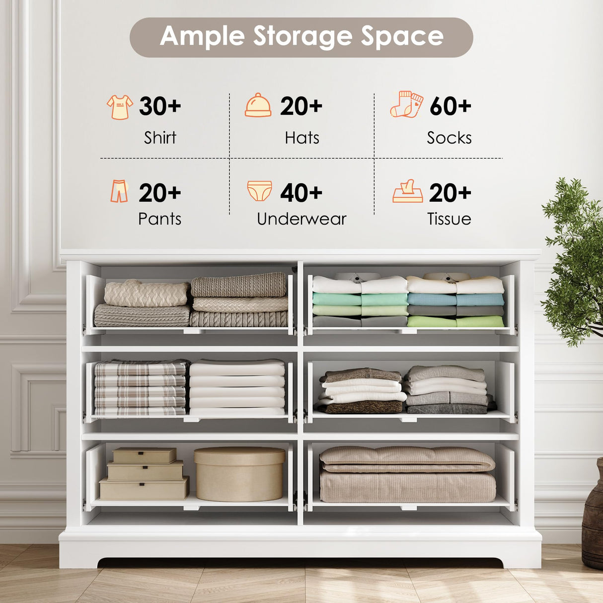 HOSTACK 6 Drawer Double Dresser, Modern Farmhouse Chest of Drawers, Wide Dressers Organizer, Accent Wood Storage Cabinet for Living Room, Hallway, White HOSTACK