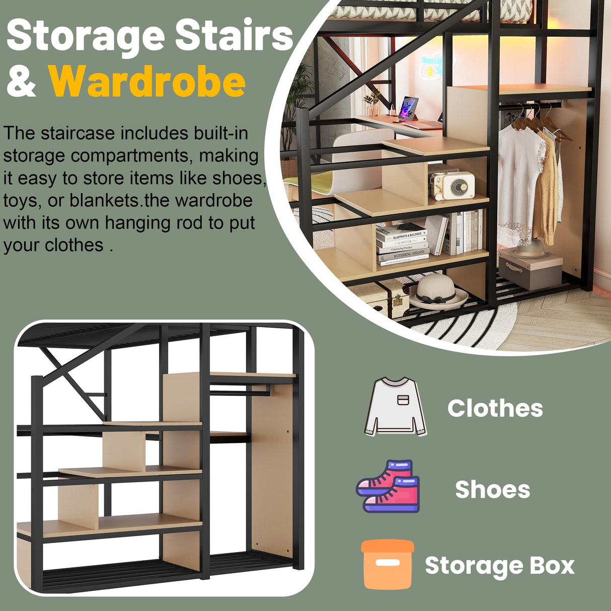 Mirightone Gaming Queen Loft Bed with Desk and Stairs, Metal Lofts Bed Queen Size with Upper Storage Shelf, High LoftBed with Light, USB Charging Station and Wardrobe for Adults, Teens, Black Mirightone