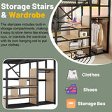 Full Loft Bed with Stairs and Desk, Metal Lofts Bed Full Size with Upper Storage Shelf, Gaming LoftBed with LED, Charging Station and Wardrobe for Teens, Adults,Black MoproBeti