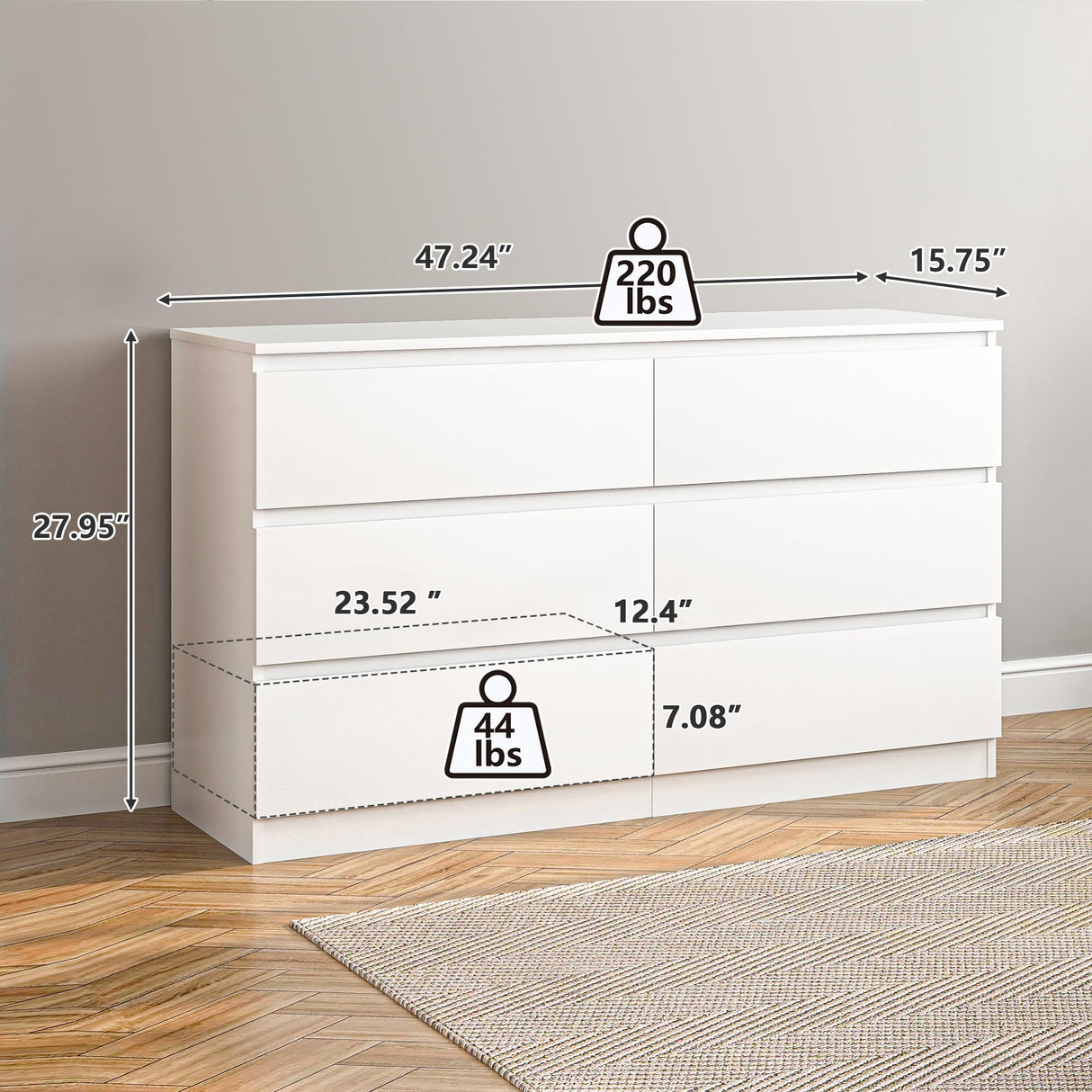 Vibe & Dine White Dresser 6 Drawer, Modern Double Dresser for Bedroom, Wood Chest of Drawers with Wide Storage for Living Room Vibe & Dine