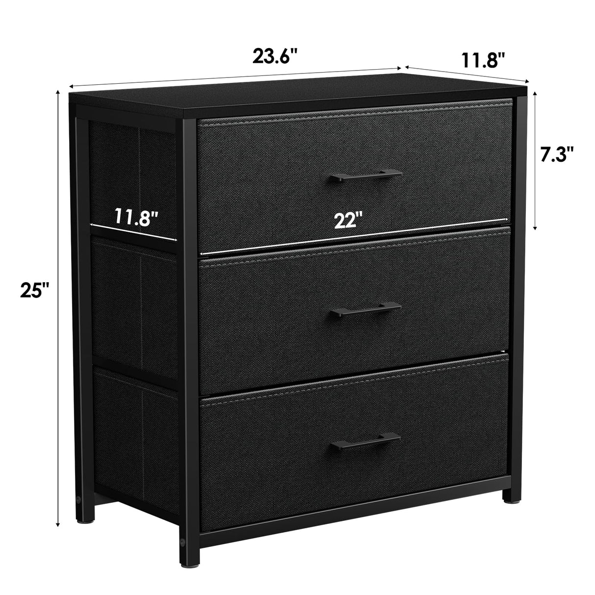 Memobarco Nightstand with 3 Drawers for Bedroom, Storage Dresser with Fabric Drawers and Metal Frame for Closet, Living Room, Bedside Table with Wood Top, Easy Pull Handle, Black Memobarco