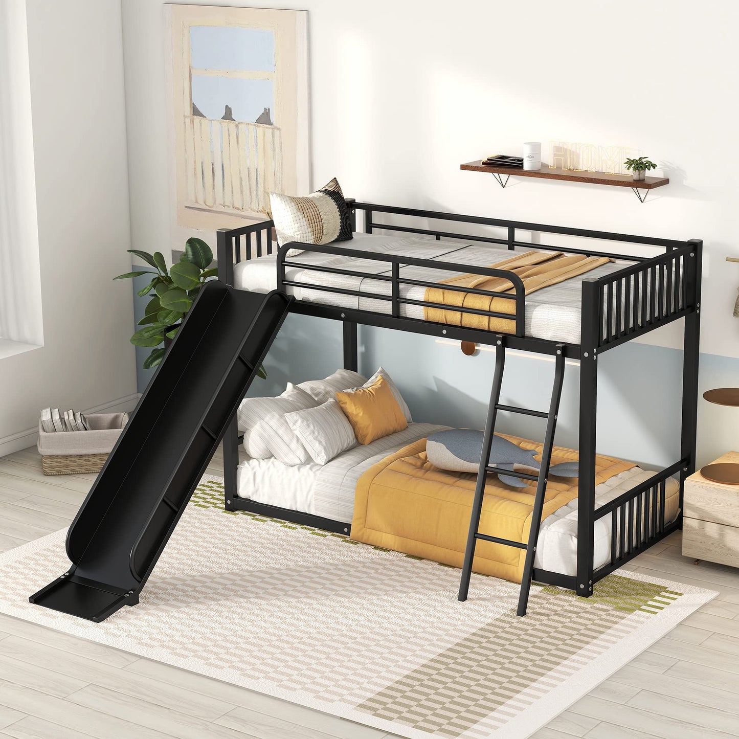 Harper & Bright Designs Metal Bunk Beds Twin Over Twin with Slide for Kids, Heavy Duty Twin Bunk Beds with Ladder for Girls Boys, No Box Spring Required,Black