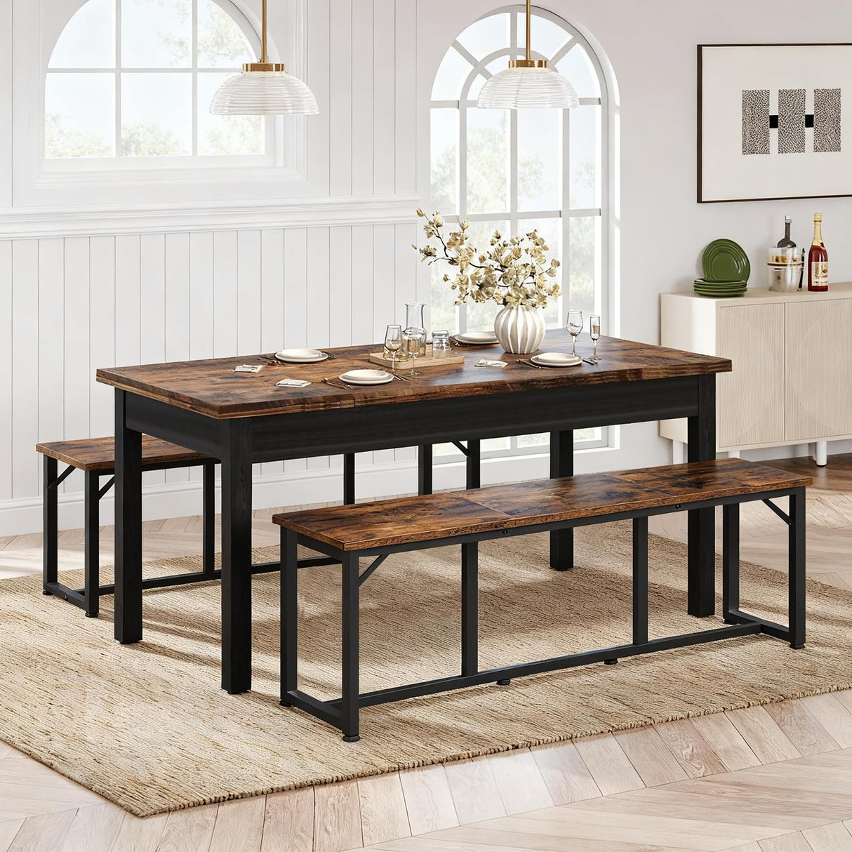 MAHANCRIS Dining Bench, 47.2 Inch Dining Table Bench, Rustic Kitchen Bench, Easy to Assemble, Steel Frame, for Kitchen, Living Room, Bedroom, Rustic Brown and Black TBHR0201 MAHANCRIS