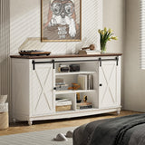 Farmhouse TV Stand for 65 75 Inch TV, 32" Tall Entertainment Center with Storage Cabinets and Barn Door, White Console Table with 3 Open storage shelve, Wood TV Console Table for Living Room, Bedroom ALLSTAND
