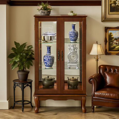 Royard Oaktree Lighted Curio Cabinet with Adjustable Glass Shelves, Mirrored Back Panel & Tempered Glass Doors Vintage 3-Tier Accent Display Cabinet for Home Office,Walnut Royard Oaktree