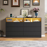 STIKELY 6 Drawer Dresser for Bedroom with Power Outlet, Black Dressers with LED Light, Dresser Chest of Drawers for Closet,Wooden Dressers Organizer Cabinet for Living Room,Entryway, Hallway STIKELY