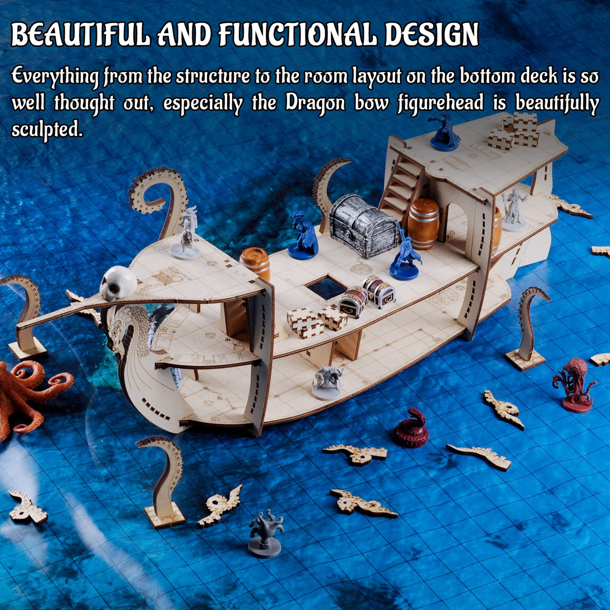 3D RPG Miniatures Ship Wood Laser Cut, 3-Level with 1" Grid Battle Terrain Map Perfect for D&D, Pathfinderor Other Tabletop Games CZYY