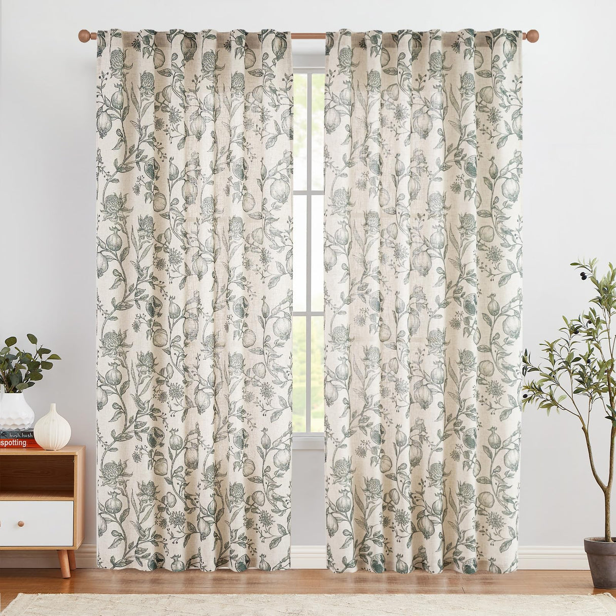 jinchan Linen Curtains Floral Curtain for Living Room 84 Inch Long Dark Green French Back Tab Light Filtering Toile Print Farmhouse Bedroom Curtains Window Drapes Set 2 Panels jinchan