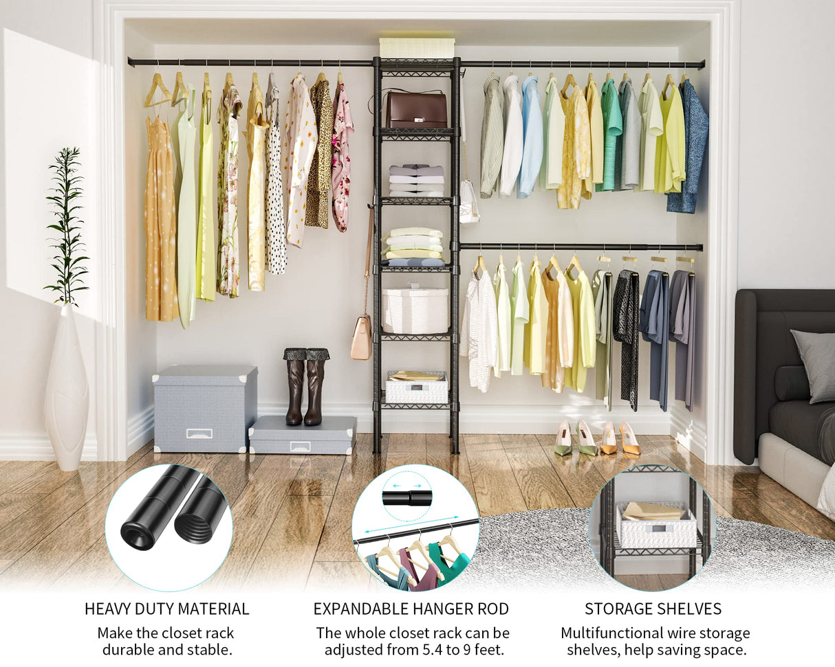 Ulif M1 Closet Storage Organizer System, 6 Tiers Heavy Duty Metal Garment Rack with 3 Expandable Hanger Rods, Wall Mounted Space Saver Suits from 5.4-8.7 ft. Width, 71.2”H x 14”D, 700LBS, Black Ulif