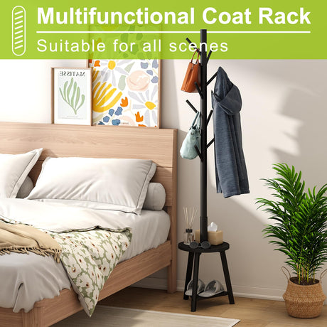 BMOSU Coat Rack freestanding Stand with Shelf Bamboo Wooden Coat Tree Easy Assembly 8 Hooks Standing Jackets Hanger Hallway Office Floor Coat Stand Black BMOSU