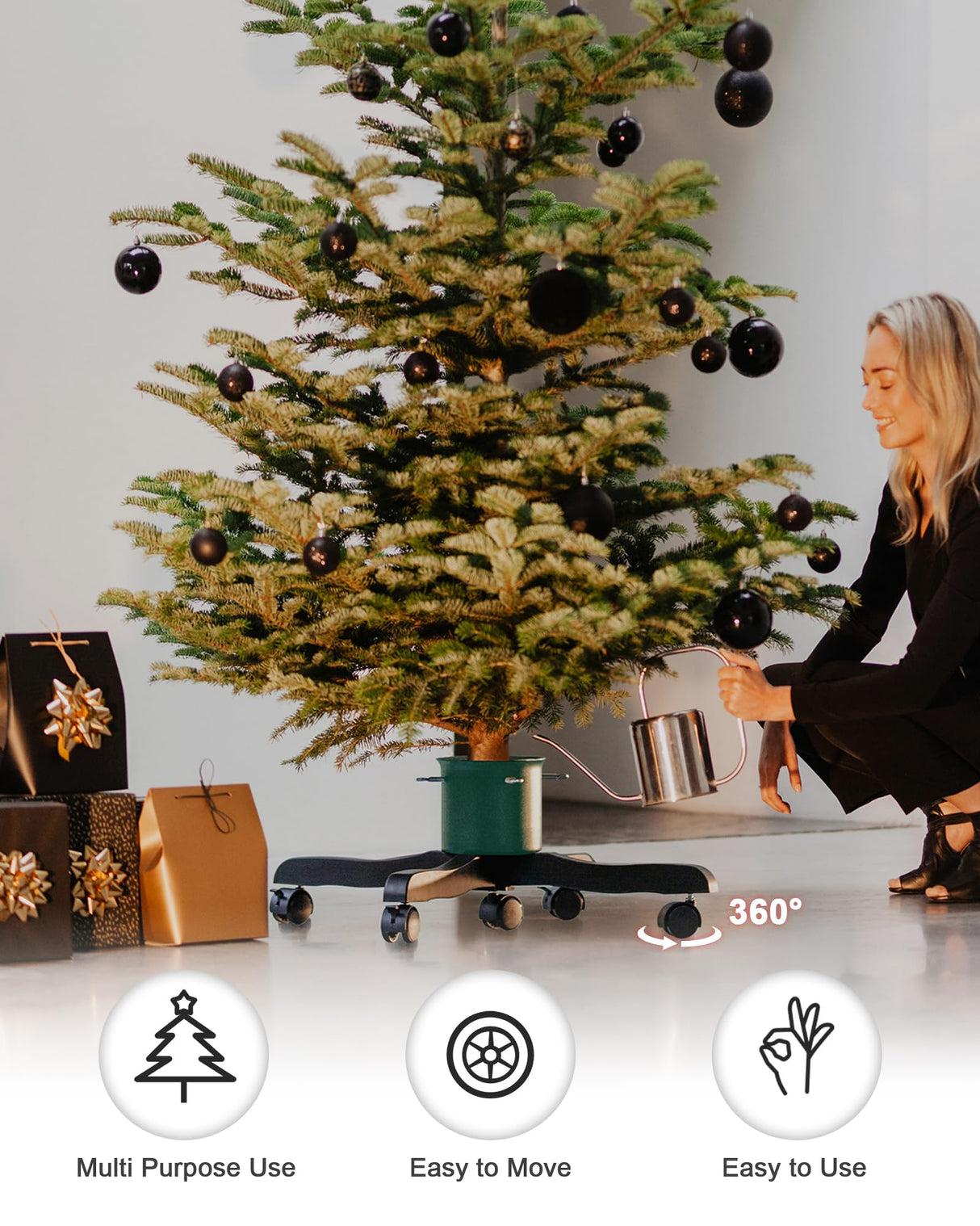 Live Christmas Tree Stand : Real Christmas Tree Stand Base With Wheels Movable Adjustable up to 6.5ft Hold 0.53gal Water Reservoir Goodjob Green GuuG