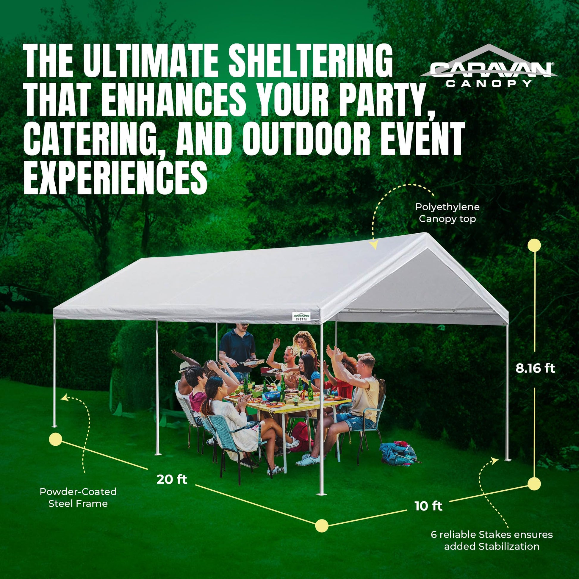 Caravan Canopy Powder Coated Heavy Duty Steel Frame Pop Up Carport with 6 Steel Stakes for Outdoor Activities and Events, White - WoodArtSupply