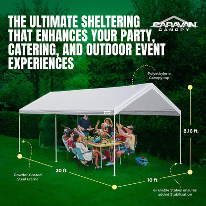 Caravan Canopy Powder Coated Heavy Duty Steel Frame Pop Up Carport with 6 Steel Stakes for Outdoor Activities and Events, White - WoodArtSupply