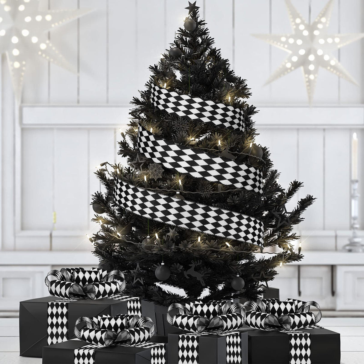 2 Rolls Christmas Checkered Ribbon Black and White Check Ribbon Diamond Check Wired Edge Ribbon Diamond Pattern Decorative Ribbons for Christmas Fall Tree Wrapping DIY Crafts (2.6 Inch) MTLEE