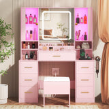 HUANLEGO Makeup Vanity Desk with Mirror and Lights, Pink Vanity Mirror with Lights Desk with Chair & LED Glass Cabinet, Vanity Set with Lighted Mirror & Power Outlet, Dressing Table with 7 Drawers HUANLEGO