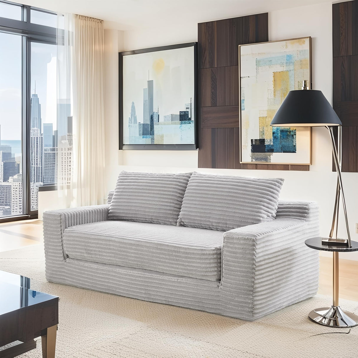 Fefances Loveseat Sofa Bed Boneless Couch, Convertible 2-in-1 Design, Corduroy Fabric - Compact Memory Foam Couch for Small Spaces, Apartments, Home Office & Bedroom （Grey） Fefances