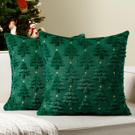 Softalker Christmas Throw Pillow Covers 18 x 18 Inch Set of 2, Xmas Winter Christmas Tree Faux Fur Cushion Covers, 3D Embroidered Pillow Cases for Couch Bedroom Living Room Decor, Green Softalker