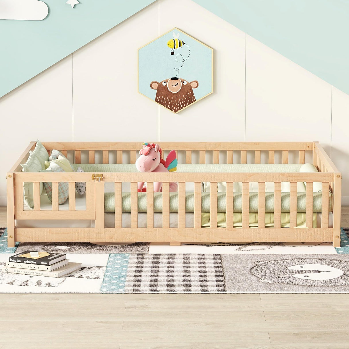 A ALFRESCOOL Full Size Montessori Floor Bed with Safety Guardrails and Convertible Door, Sturdy Pine Wood Floor Bed Frame with Wooden Supports Slats for Toddlers Kids Girls Boys Bedroom (Natural) A ALFRESCOOL
