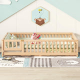 A ALFRESCOOL Full Size Montessori Floor Bed with Safety Guardrails and Convertible Door, Sturdy Pine Wood Floor Bed Frame with Wooden Supports Slats for Toddlers Kids Girls Boys Bedroom (Natural) A ALFRESCOOL