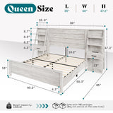 AMERLIFE Queen Bed Frame with 98" W Headboard and 4-Tier Bookshelves, Farmhouse Platform Bed with Charging Station & 2 Drawers, Noise-Free, No Box Spring Needed, Rustic White AMERLIFE