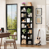 FOTOSOK 71'' Tall Bookshelf, Double Wide Media Tower Rack CD DVD Rack Display Cabinet with Adjustable Shelves, Tall Narrow Bookcase Black Bookshelf for Home Office, Black FOTOSOK