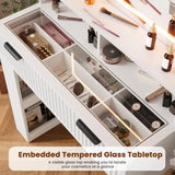 HAIOOU Fluted Vanity Desk with Mirror and Lights,48" Large Makeup Vanity Desk with Charging Station,Dressing Table with 4 Drawers & 3 Open Storage Shelves, Glass Top for Bedroom, White HAIOOU