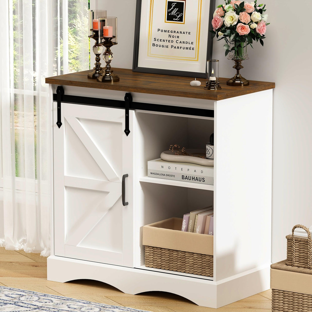 Hlivelood Farmhouse Coffee Bar Cabinet, White Buffet Storage Cabinet with Sliding Barn Door, 31.5” Kitchen Sideboard Accent Cabinet Adjustable Shelf, Dining Room Living Room Entryway, White & Brown Hlivelood