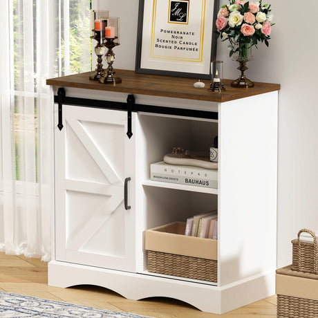 Hlivelood Farmhouse Coffee Bar Cabinet, White Buffet Storage Cabinet with Sliding Barn Door, 31.5” Kitchen Sideboard Accent Cabinet Adjustable Shelf, Dining Room Living Room Entryway, White & Brown Hlivelood