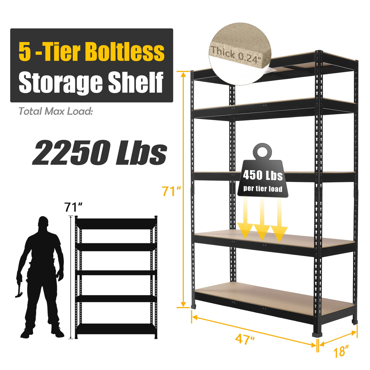 PrimeZone Heavy Duty Storage Shelves - 47" W x 18" D x 71" H 5 Tier Adjustable Garage Storage Shelving, Metal Storage Utility Rack Shelf Unit for Warehouse Pantry Closet Kitchen, Black PrimeZone
