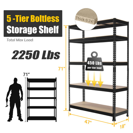 PrimeZone 2 Pack Heavy Duty Adjustable 5 Tier Garage Storage Shelves - 47" W x 18" D x 71" H, Metal Utility Rack Shelf Unit for Warehouse, Pantry, Closet, Kitchen, Black PrimeZone