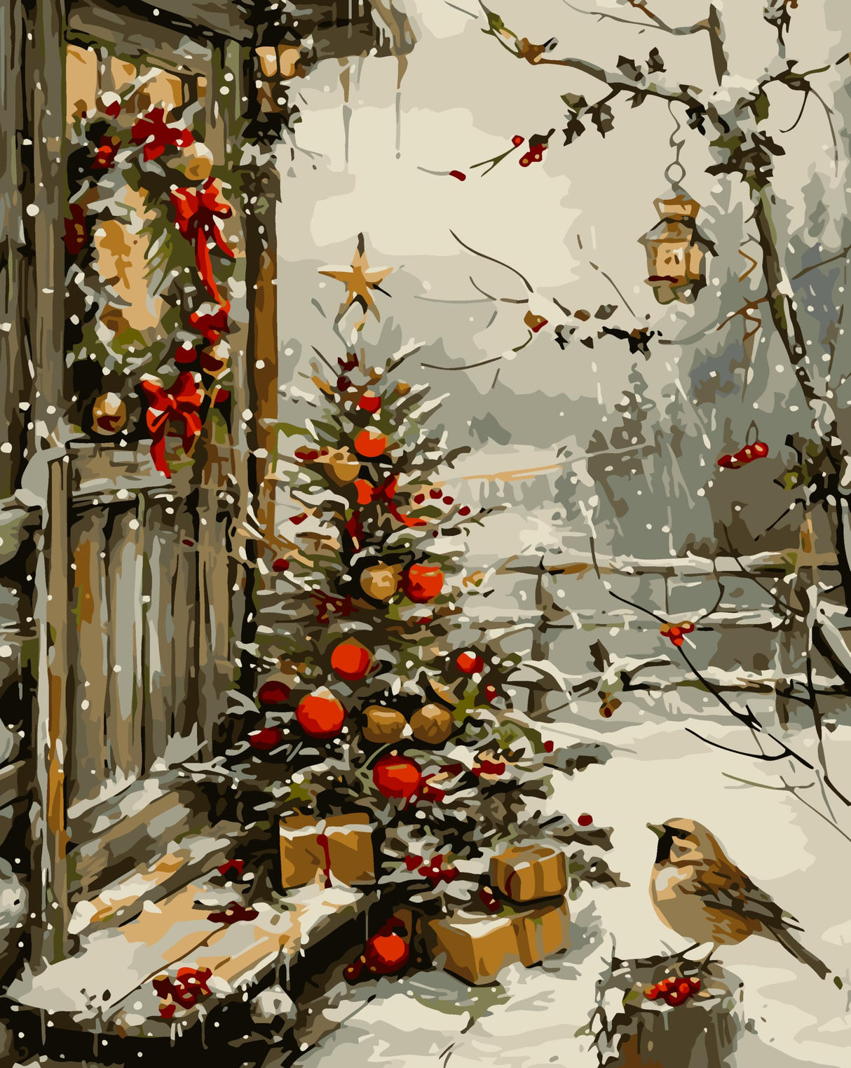 LKHMVCA Christmas Tree House Bird Paint by Numbers for Adults, DIY Winter Paint by Numbers Kits for Adults Beginners Without Frame, Acrylic Paint Canvas Painting Kits Art for Home Decor 16x20 Inch LKHMVCA