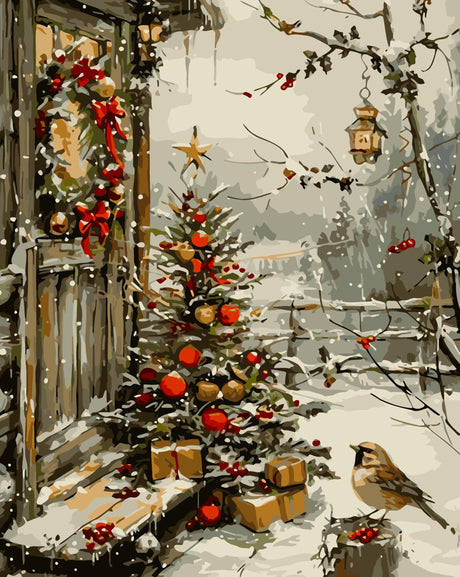 LKHMVCA Christmas Tree House Bird Paint by Numbers for Adults, DIY Winter Paint by Numbers Kits for Adults Beginners Without Frame, Acrylic Paint Canvas Painting Kits Art for Home Decor 16x20 Inch LKHMVCA