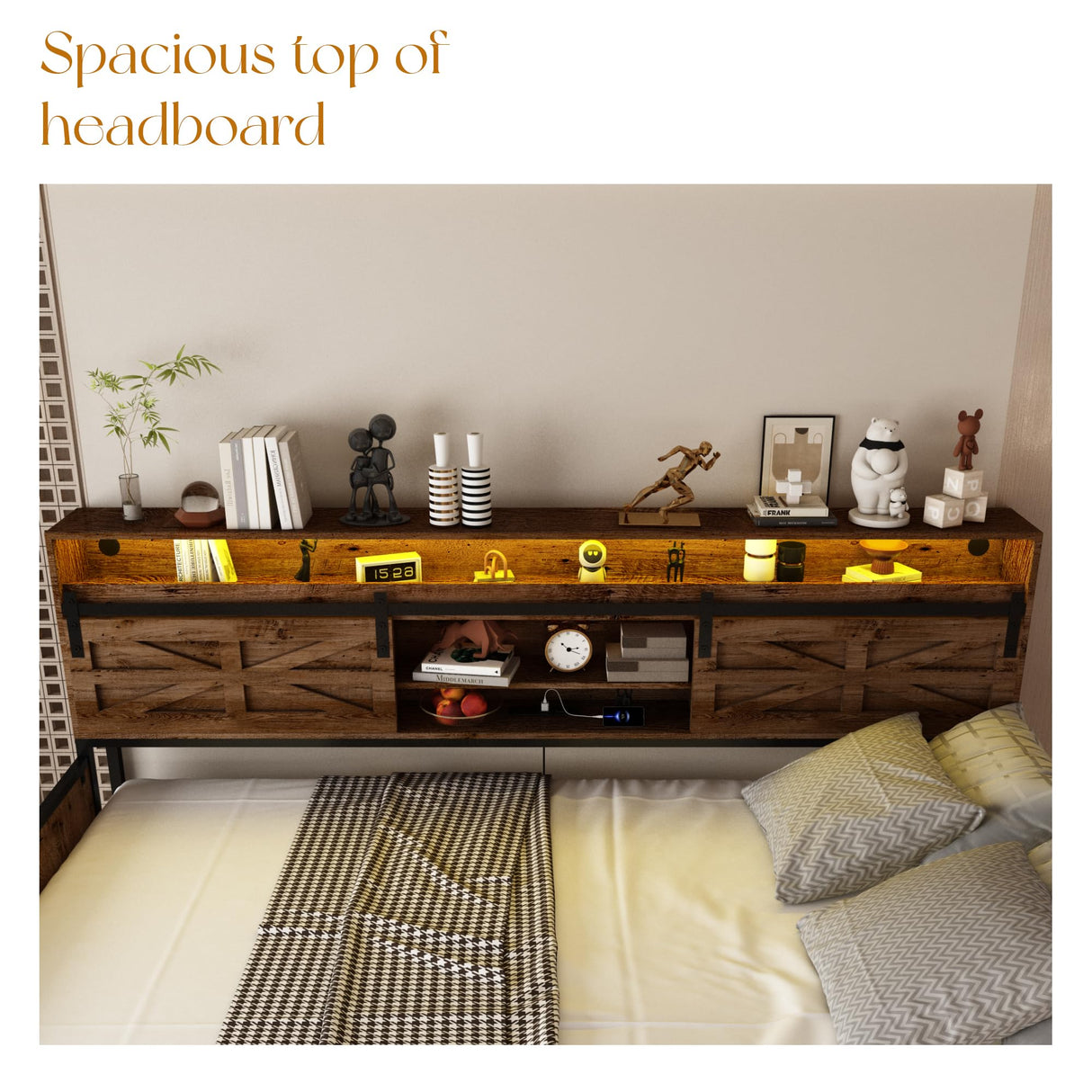 Daybed with Trundle and LED Light, Farmhouse Twin Daybed Frame with Storage Headboard & Charging Station, Heavy Duty Metal Day Bed with Sliding Barn Door for Living Room,Bedroom (Rustic Brown, Twin) HMYFGD