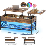 Aheaplus Coffee Table, Lift Top Coffee Table with LED Light and Power Outlet, Modern Lift-Top Center Table with Storage Shelf, for Living Room with Lift Tabletop, X Support Metal Frame, Rustic Brown Aheaplus