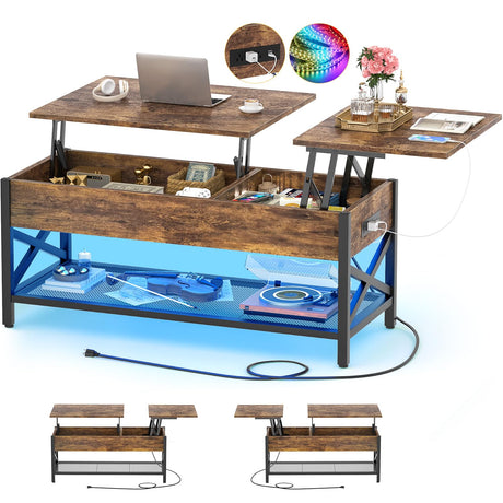 Aheaplus Coffee Table, Lift Top Coffee Table with LED Light and Power Outlet, Modern Lift-Top Center Table with Storage Shelf, for Living Room with Lift Tabletop, X Support Metal Frame, Rustic Brown Aheaplus